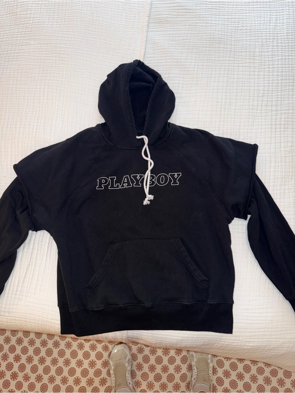 PLAYBOY Black Pullover Hoodie with White Drawcord